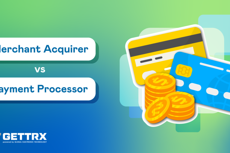 An animation of credits cards and cash coins. Title of Merchant Acquirer vs Payment Processor.